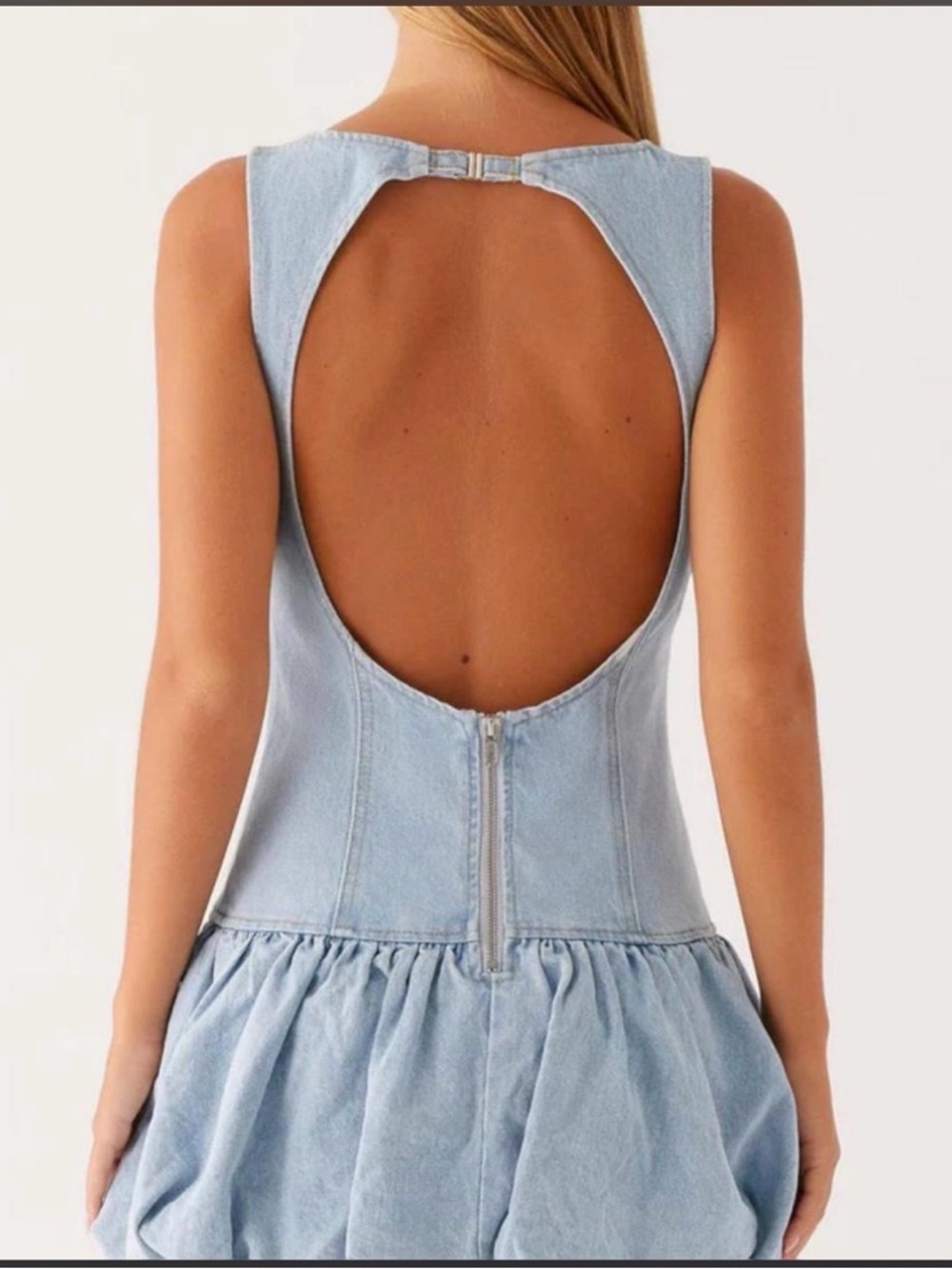 Peppermayo Light Blue Open-Back Denim Dress